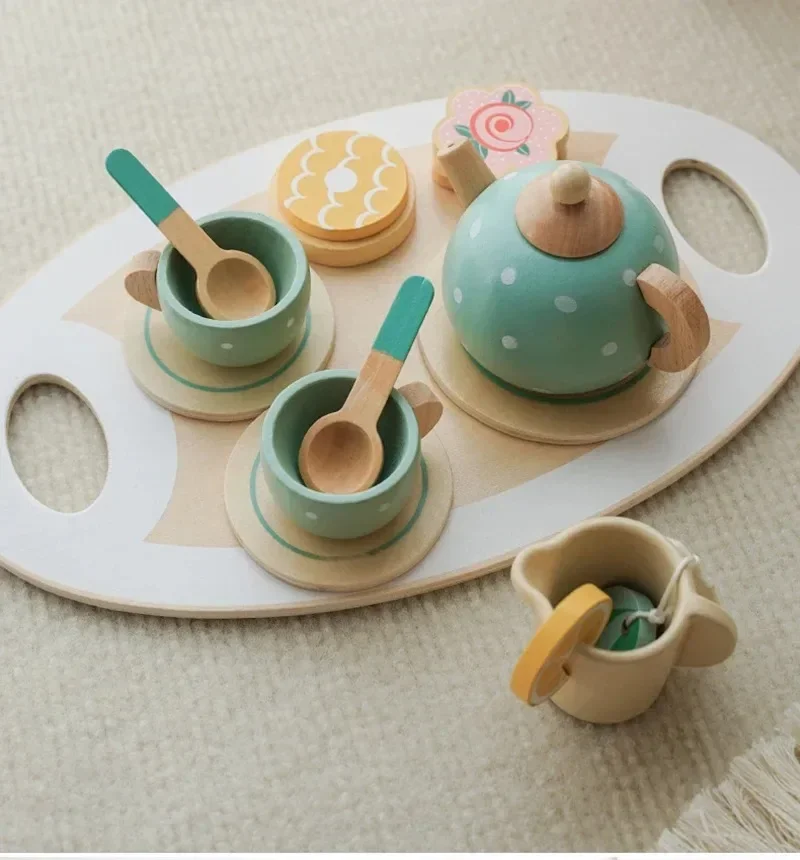 Wooden Tea Set Toys Pretend Play Kitchen Accessories for Kids Food Afternoon Tea Role Play Game for Toddlers Girls Boys Gifts 4