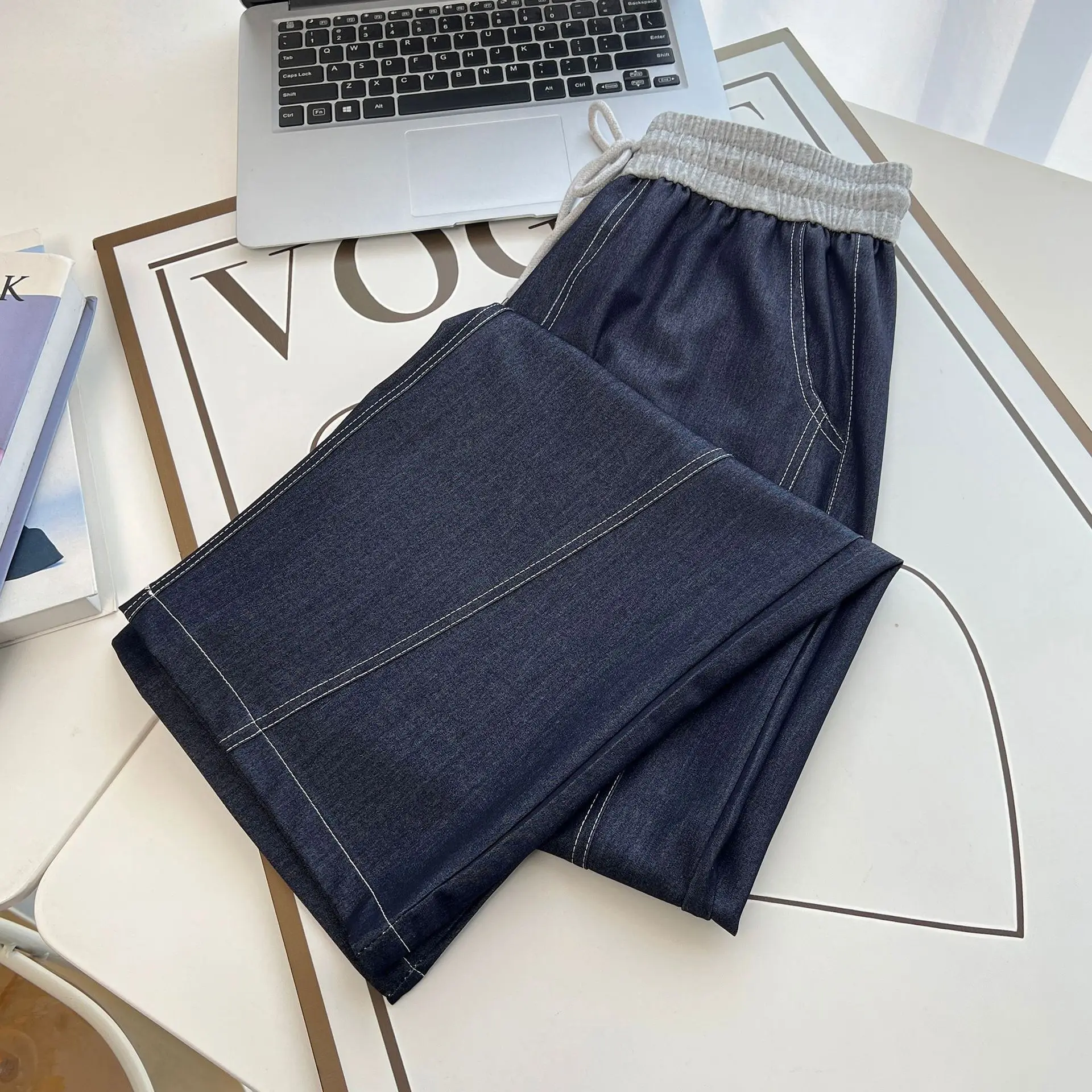 Spring Summer Wide Leg Jeans New 100kg  Temperament Color Waist Thin Lyocell Plus Size Women Bright Line Straight Trousers 2517