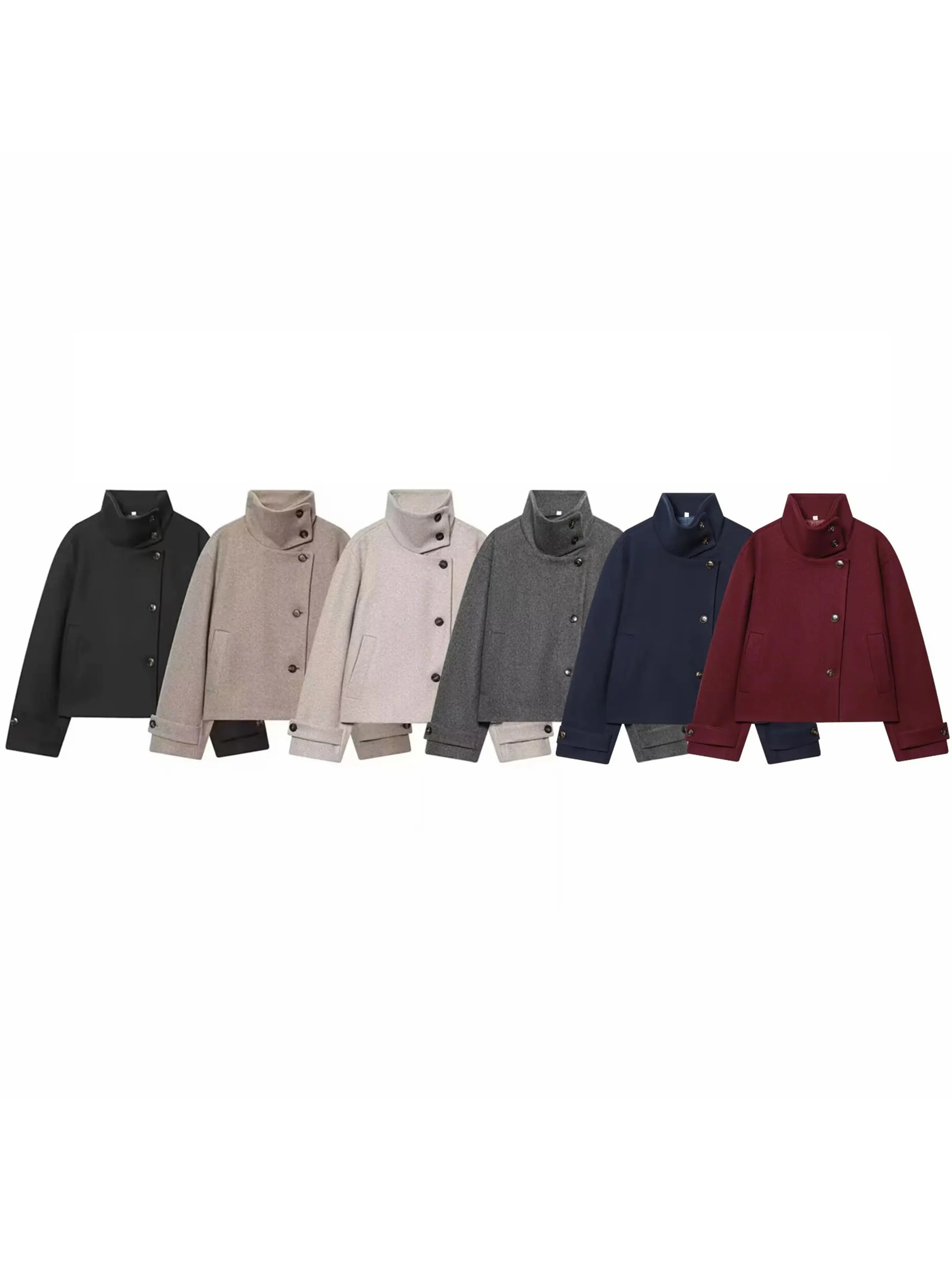 Damen Vintage Stehkragen Geknöpfter Langarm-Freizeitmantel aus Wolle Retro Langarm-Jacke mit Taschen