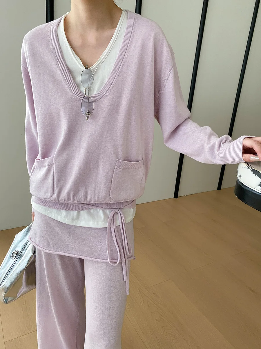 Frühlings-Damen-Freizeitset: Einfarbiger, kontrastierender, zweiteiliger Strickpullover mit weitem Bein und lässiger Hose – Detail 15