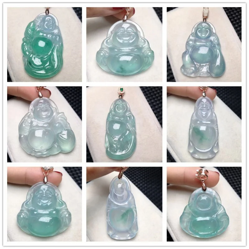 

Myanmar Emerald Pendant Glass Type Floating Flowers Big Belly Maitreya Buddha Smiling