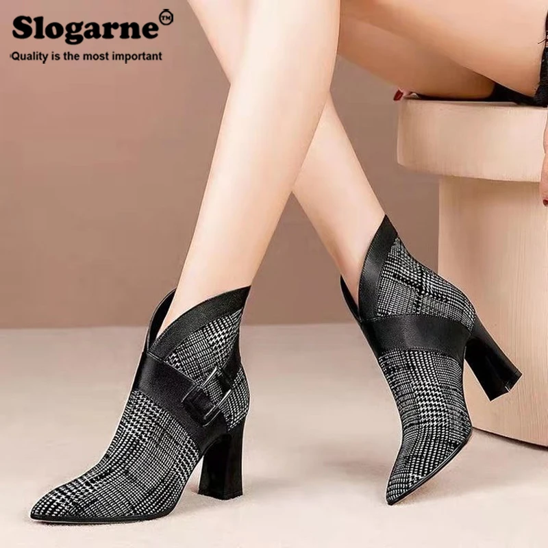Women High Heels Short Boots Female Spring Autumn Soft Leather Ankle Bottes Waterproof For European American Fashion Shoes Pumps | Обувь