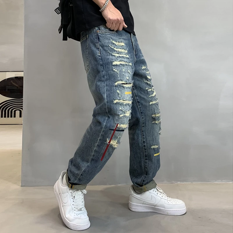 New Cross Red Thread Knife Cut Style Fashionable Distressed Vintage Jeans For Men'S Ruffled And Handsome Loose And Versatile Mic