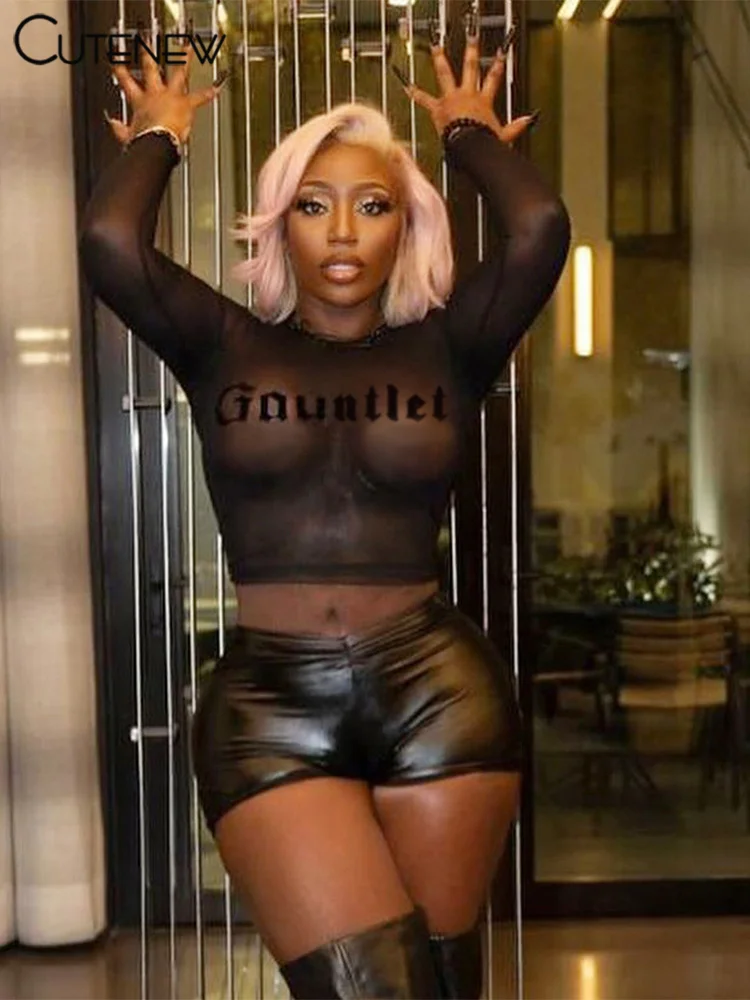 Cutenew Mesh Letter Print T-Shirt Donna Sexy Hot See Through Manica Lunga Girocollo Skinny Top Donna Splendida Midnight Wear