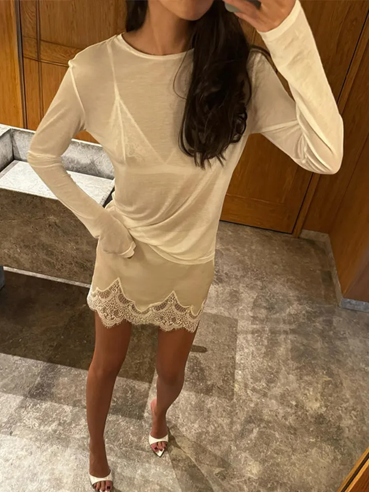 Minigonna da donna elegante in raso di pizzo impiombato a vita alta gonne corte a trapezio femminile 2025 estate autunno signora streetwear 1