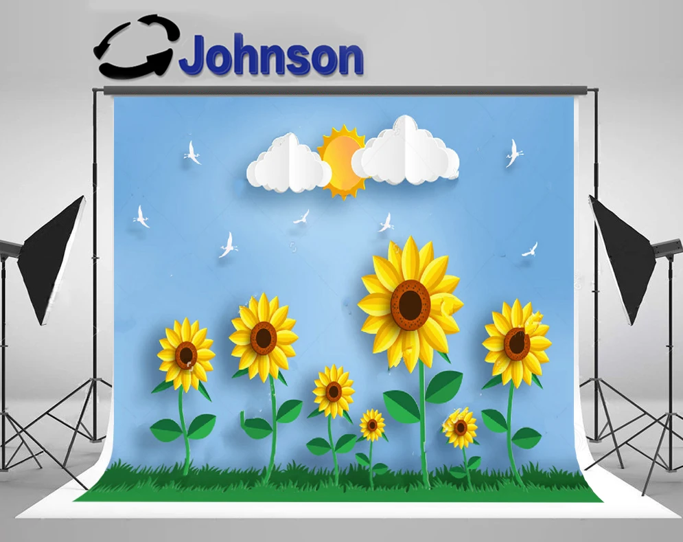 Johnson Sunflower Field Landscape Paper Clouds Sun Background Stampa Di Computer Di Alta Qualità Fondali Per Neonati