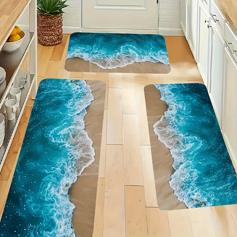 Summer Beach Wave Non-Slip Kitchen and Bathroom Rug - Decorative Floormat for Hallway and Balcony