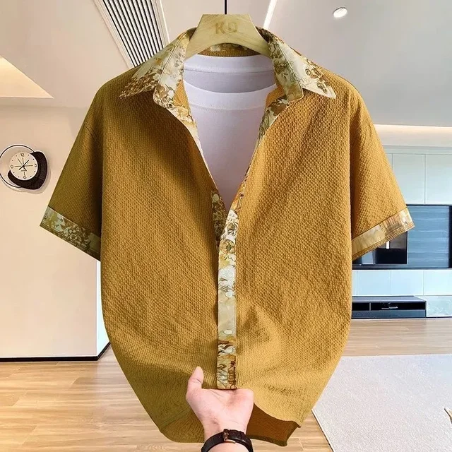 Color Blocked All Match Summer New Men's Short Sleeved Shirt Thin Fashion Short Sleeved Trendy Men's Turn Down Collar Top 1