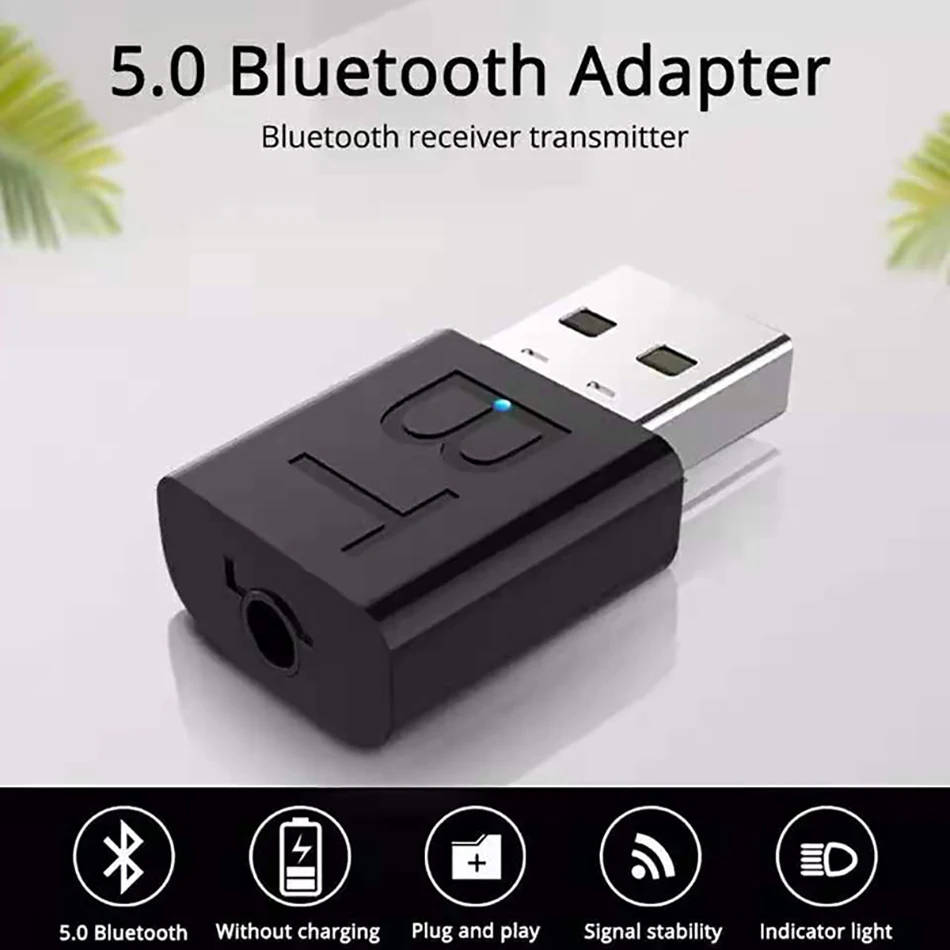 Bluetooth 5.0 Transmitter Receiver Mini 3.5MM Jack AUX Audio Wireless Adapter LED Indicator 2 In 1 Car Kit USB Dongle Adapter