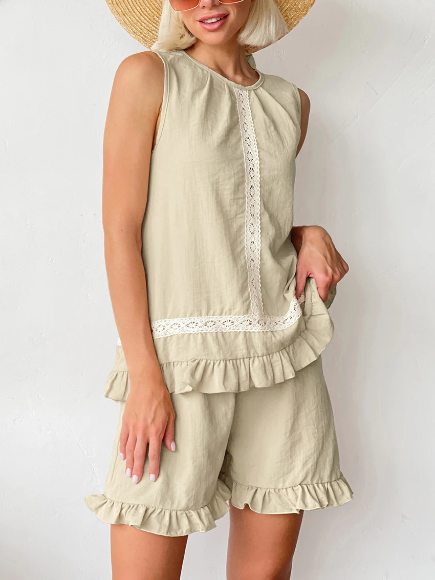 Mathaqiqi Summer Women'S Sleepwear Set O-Neck Pajamas Sleeveless Nightgowns Backless Nightie Shorts Casual Ladies Nightwear Suit