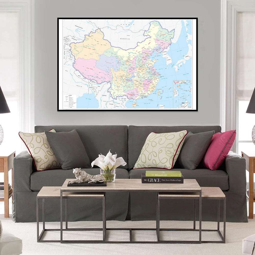 China Map with Neighboring Countries Decor Hanging Picture Canvas Horizontal Version in English Study Supplies 594*420mm
