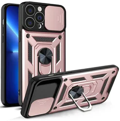 Luxury Magnetic Ring Camera Lens Armor Phone Case with Holder Cover - iPhone 13 (RoseGold)