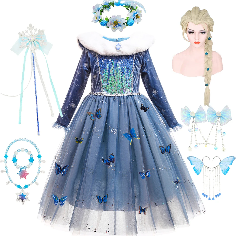 fitted lace wedding dress Frozen 2 Elsa Princess Long Sleeve Tulle Girl Costume Dresses with Cap –  ilovethedress main image 1