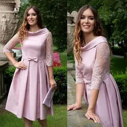 2019 Classic Short Pink Mother Of The Bride Dresses Half Sleeve Tea Length A Line Party Gowns Applique Lace vestido de madrinha