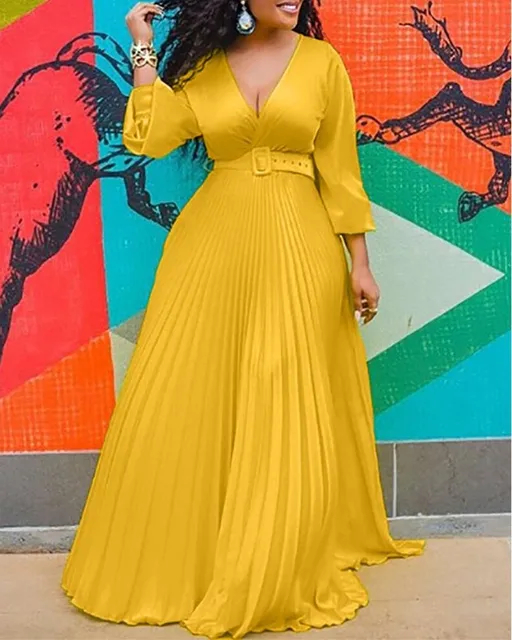 Sexy Yellow Plus Size Women Loose Long Dresses Pleated Plain