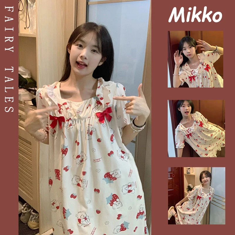 

Пижама в стиле Hellokitty Mikkos для женщин, женская хлопковая одежда для сна в стиле ретро, одежда для отдыха с короткими рукавами-фонариками