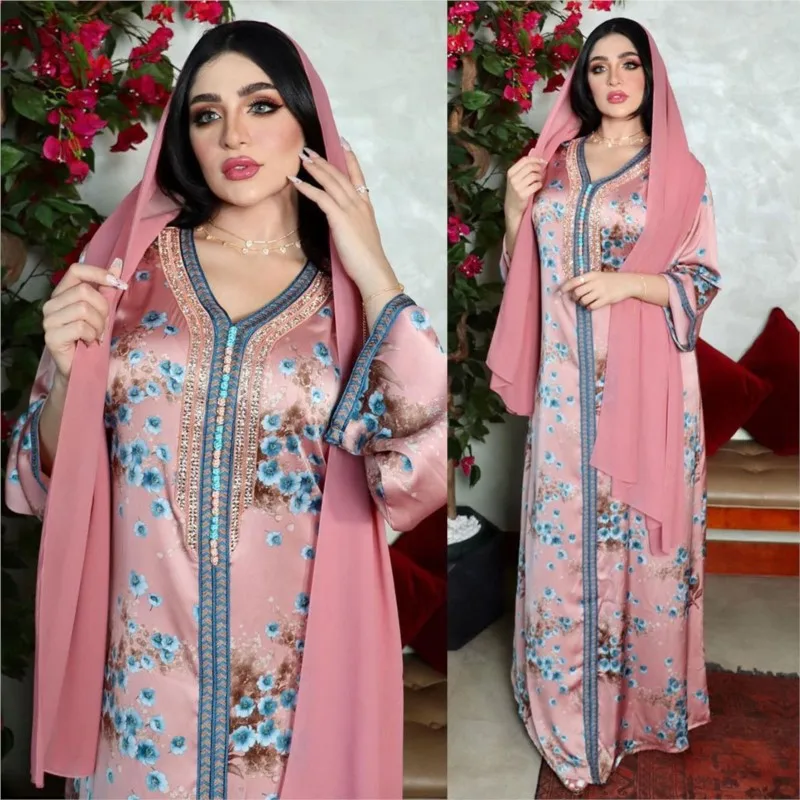 

New Pink Rhinestone Middle East Muslim Printed Dress
