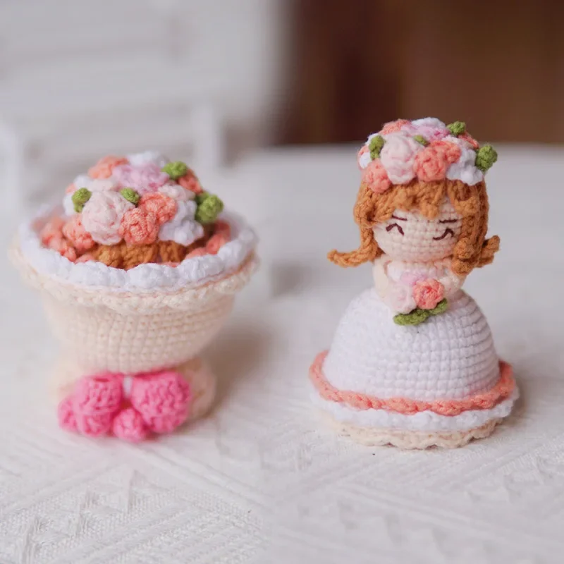 (미완성) DIY 양면 크로셰 꽃다발 꽃인형, 수제 신부 크로스드레싱 웨딩드레스 인형