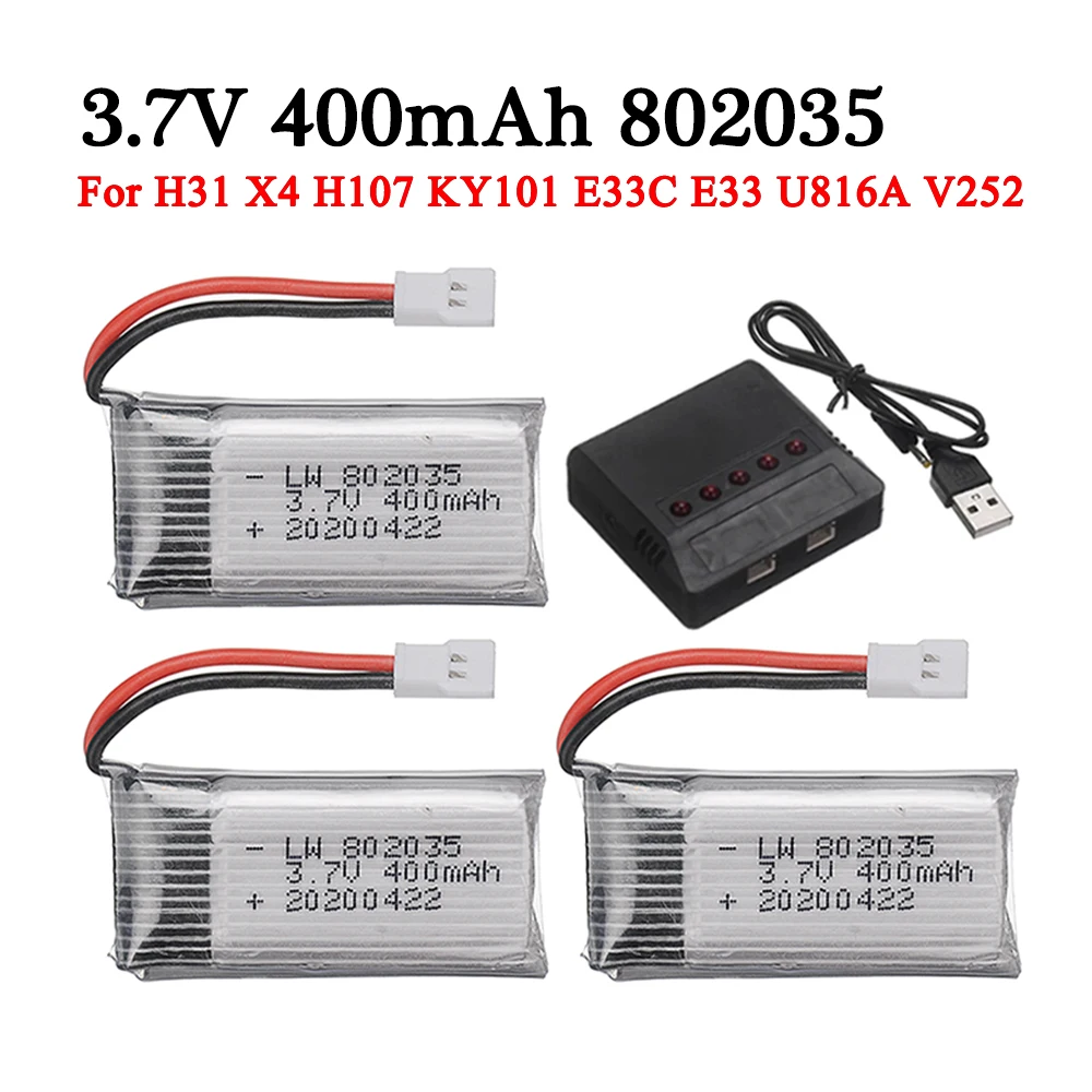 

3.7V 400mAh Lipo Battery For X4 H107 H31 KY101 E33C E33 U816A V252 H6C RC Drone Spare Parts 3.7V 1S Battery with XH2.54 Charger