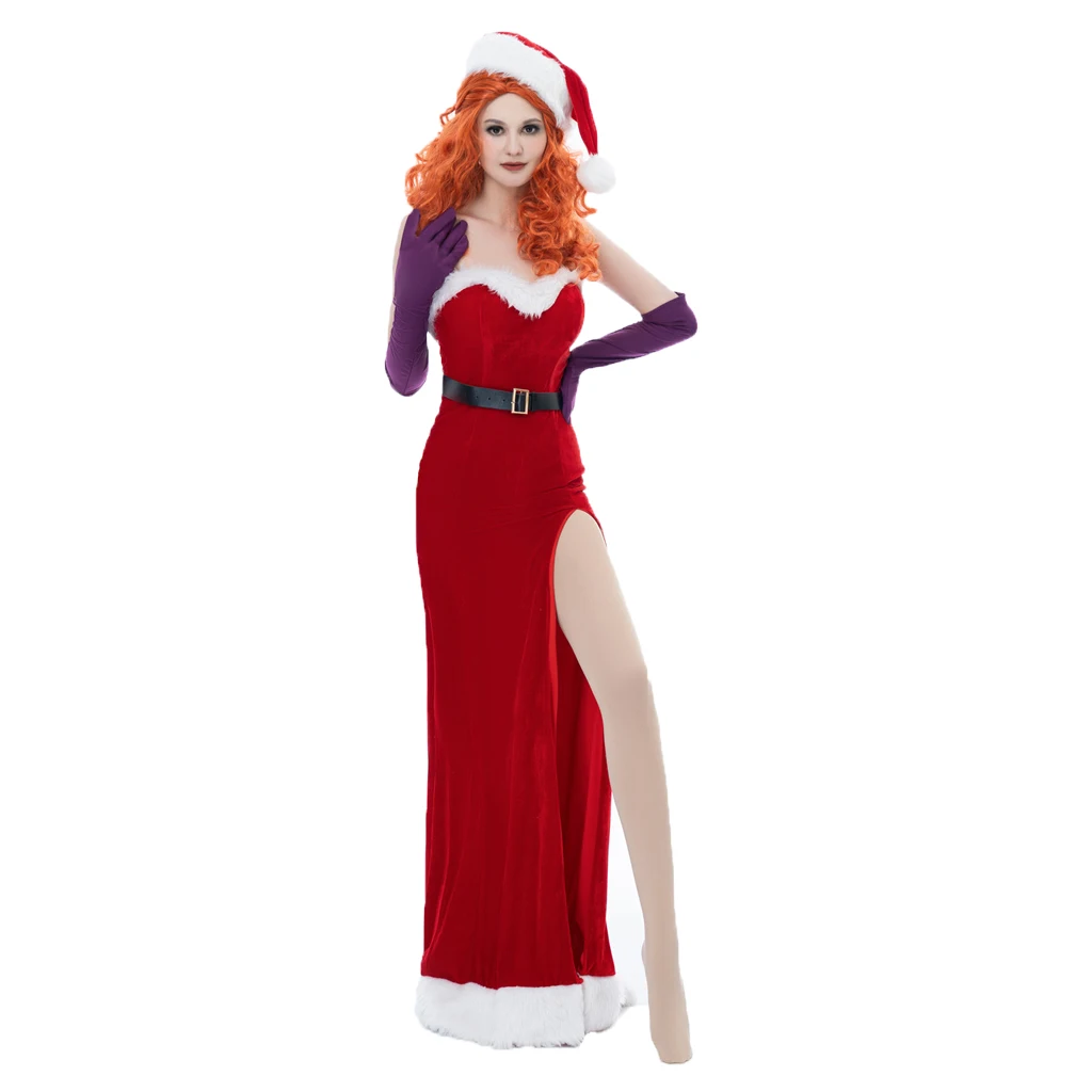 

Who Framed Roger Rabbit Jessica Cosplay Costume Women's Christmas Red Dress with Hat Party Roleplay Uniform Lady Santa Full Suit