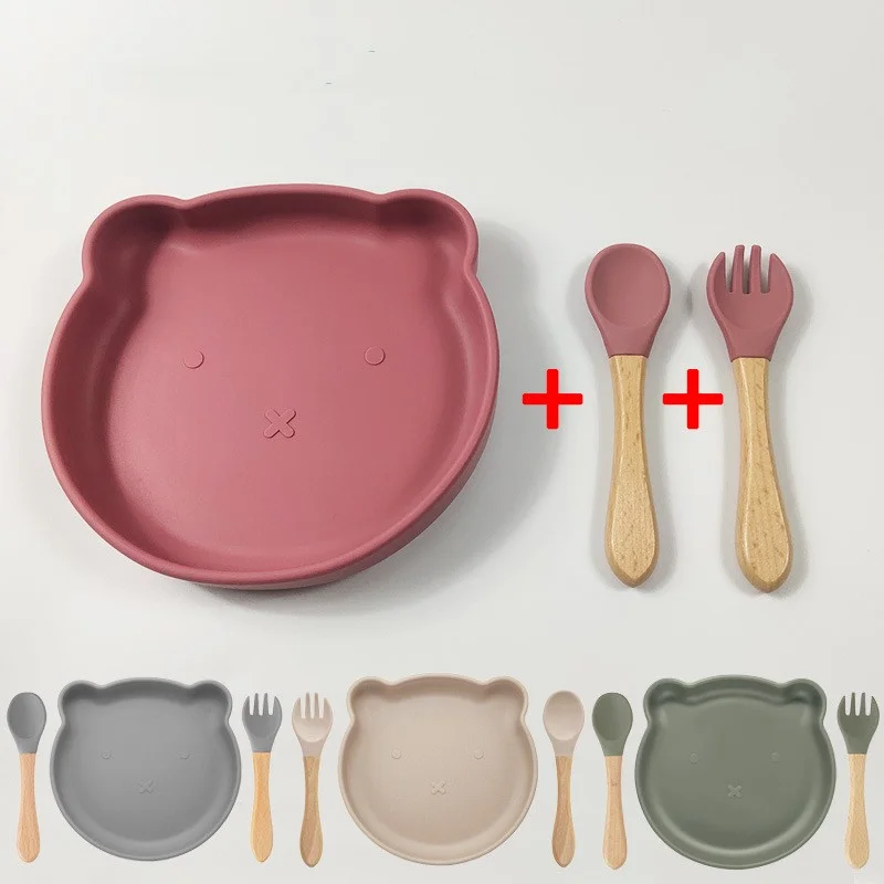 

Детская чаша, ложка, медведь, красочная силиконовая обеденная тарелка, мощная присоска, без БФА, деревянная ручка, вилка, ложка, набор для кормления ребенка