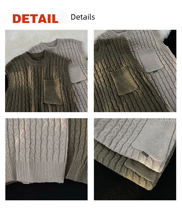 Description Picture 4 of itemMen's Autumn/winter Vintage Solid Color Loose-fit Round Neck Sweater Vest Trendy Casual Shoulder Vest Knitted Pullover