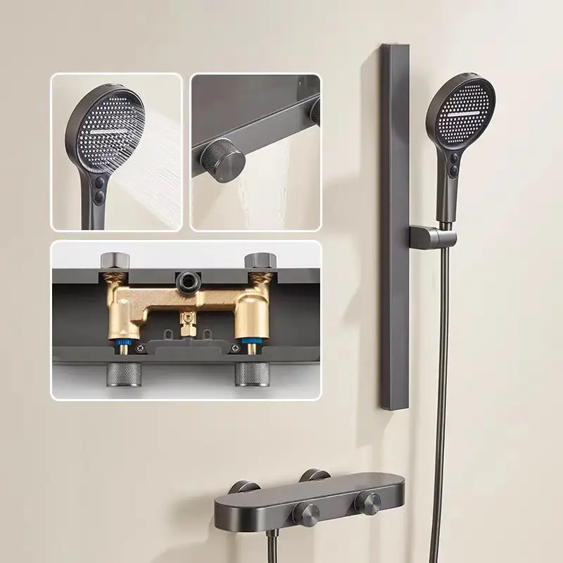 Grey Shower System Set Bathroom Rainfall Wall Mount Mixer Shower Faucet Full Set Modern Bathtub Shower Apartment Hotel 5
