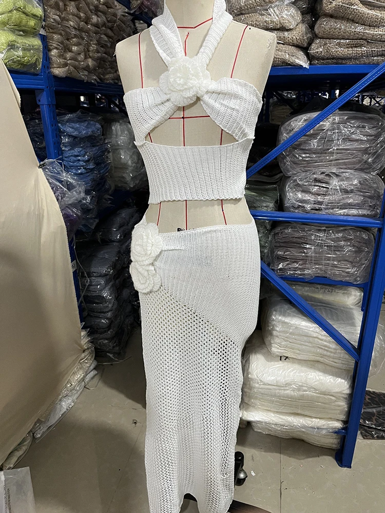 TWOTWINSTYLE Sexy Spliced Appliques Two Piece Set For Women Halter Sleeveless Top High Waist Skirt Slim Sets Female KSE506114