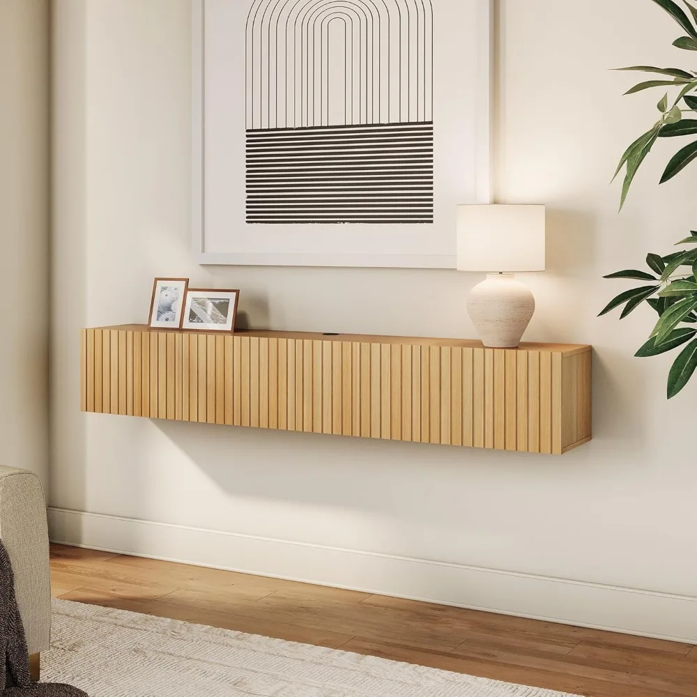 Floating TV Stand, Wall Mounted Shelf, Modern Floating Entertainment Center with 3 Fluted Flip-Down Doors, 70" Large Stor 3