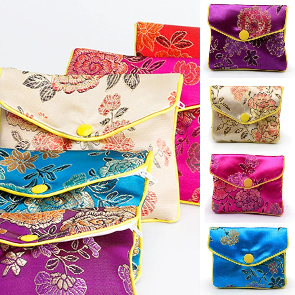 

Hot Sale Chinese Brocade Handmade Embroidery Padded Zipper Small Jewelry Gift Storage Pouch Bag Snap Case Satin Coin Purse