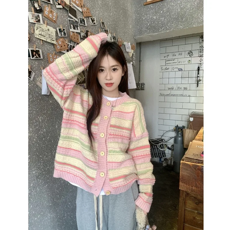 

GUUZYUVIZ Sweet Dopamine Cardigan Sweater Women's Autumn 2023 Striped Loose Coat Top