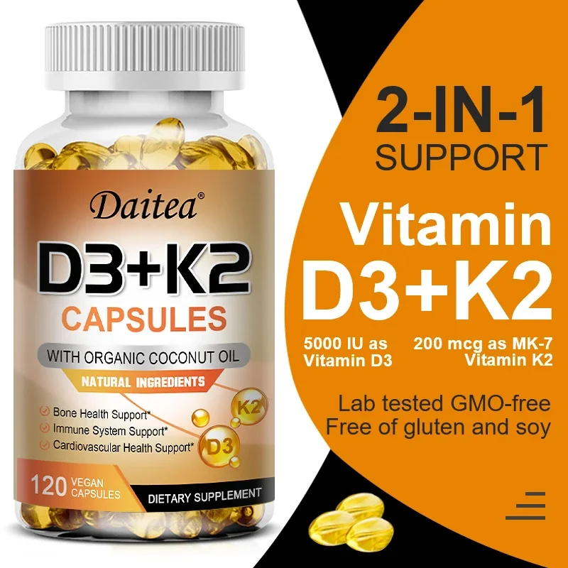 Cápsulas veganas 2 en 1 con vitamina D3, 5000 IU + K2, 200mcg, MK-7, aceite de coco orgánico, ingrediente Natural, inmunidad de regulación de calcio