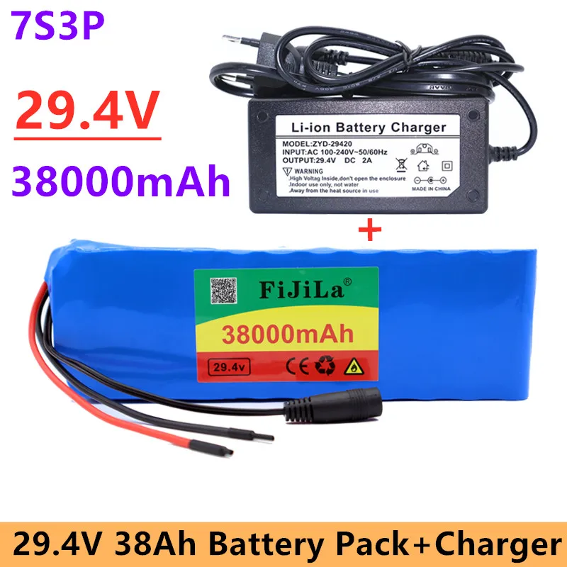 

100% New 7S3P 29.4V 38Ah Li-ion Battery Pack with 20A Balanced BMS for Electric Bicycle Scooter Power Wheelchair +2A Charger