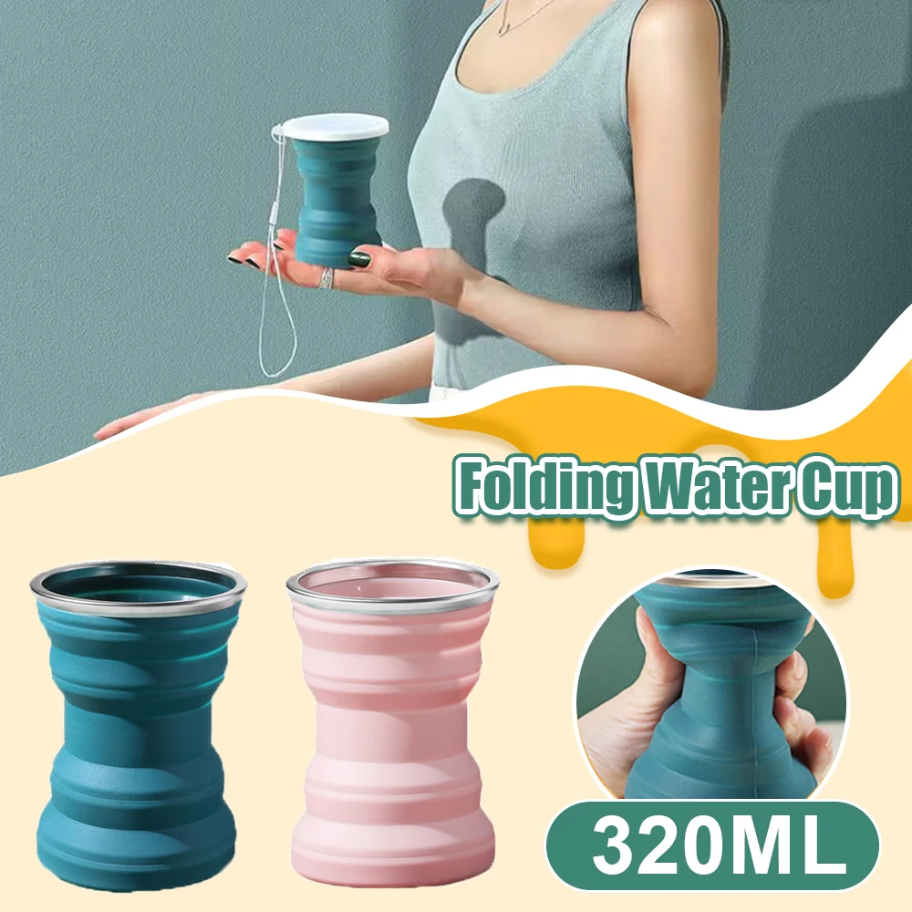 Folding Cup Portable Silicone Outdoor Heat Resistant Foldable Mug with Lid Collapsible Travel Drinking Cups for Camping