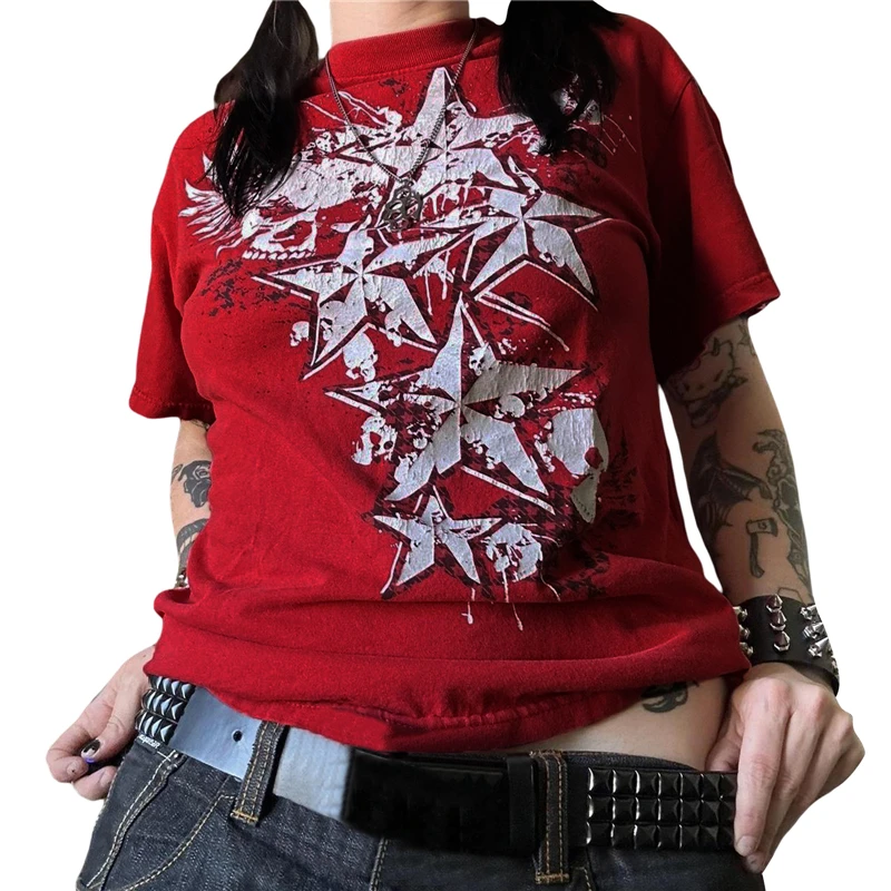 Camiseta Cyber Y2K de los años 2000 para mujer, con estampado de calavera, cuello redondo, manga corta, ropa estética para chicas E, ropa gótica para centro comercial, ropa urbana