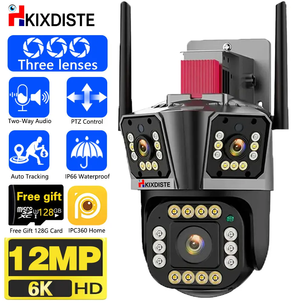 12Mp 6K Tre Schermi Tre Lenti Wifi Ip Camera Outdoor Ptz Auto Tracking 2Way Audio Security Cctv Sorveglianza Smart Hom Protec
