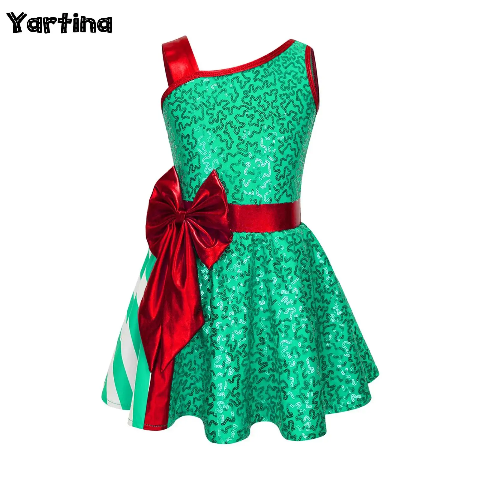 

Kids Girls Shiny Sequin Christmas Xmas New Year Elf Costume Green Red Dress Santa Claus Costumes Ballet Dance Performance Dress