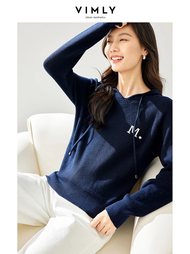 Vimly Wool Blend Hooded Knit Pullovers Women s Long Sleeve Top 2023 Autumn New Casual High