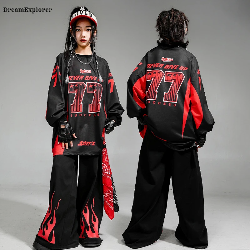 Boys Hip Hop Contrast Sweatshirt Fire Joggers Pants Girls K-pop Street Dance Costumes Kids Jazz Clothes Sets Children Streetwear 2