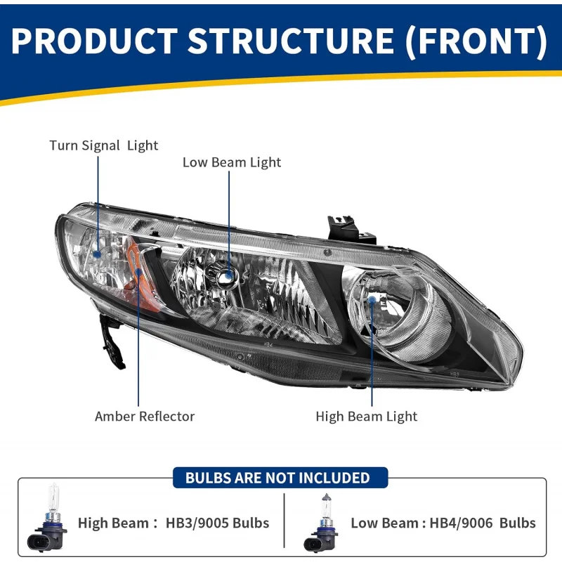 AUTOSAVER88 Headlight Assembly Compatible with 06 07 08 09 10 11 Civic Sedan 4-Door Headlamp Amber Park Lens Black Housing