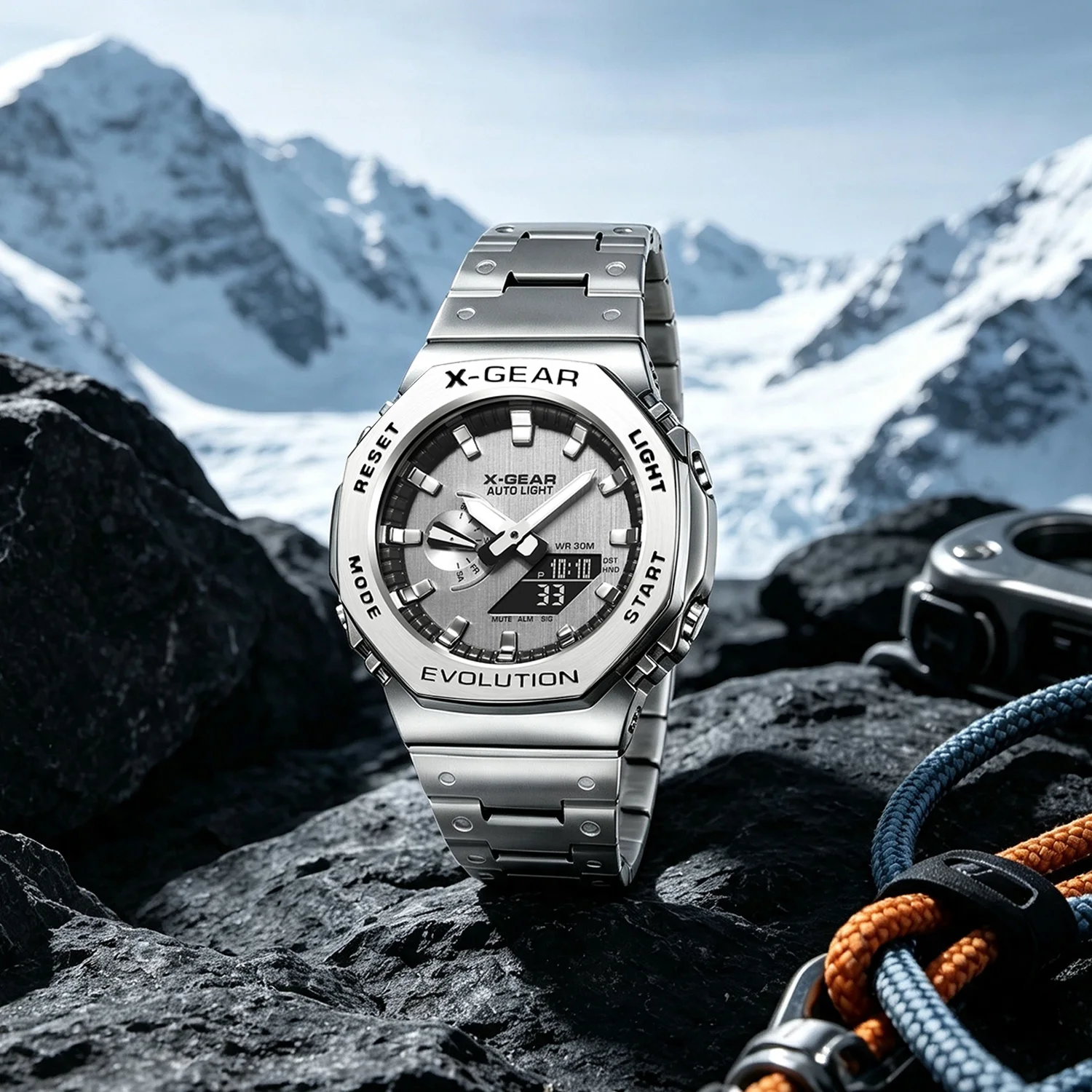 X-GEAR Dual Display Unisex Sports Watch with LED Alloy Design and Steel Strap