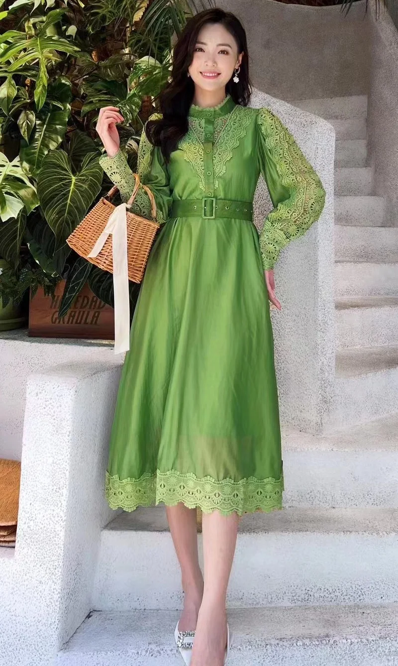 Top Quality New 2024 Spring Dress Women Lace Embroidery Belt Deco Long  Sleeve Mid-Calf Length Pink Green Runway Dress Beautiful - AliExpress