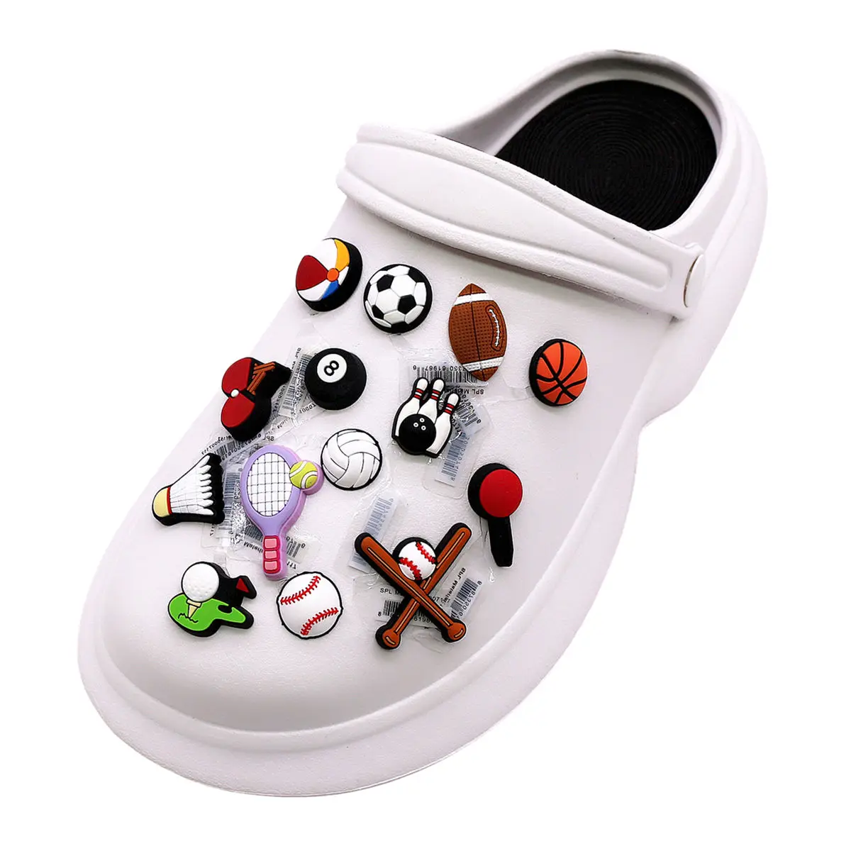 Confezione da 3 pezzi palline ciondoli per scarpe in PVC decorazioni Badminton Tennis Baseball pallavolo Rugby Bowling Designer zoccolo Pin per regali per bambini