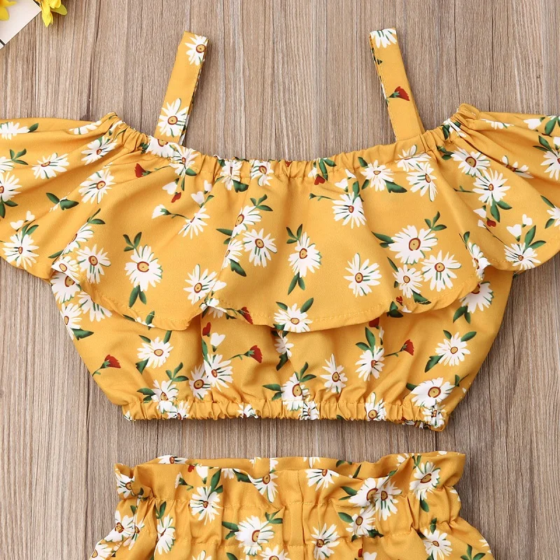 Kids Girls Clothing Sets 1-6 Years Summer Off Shoulder Sling Vest Tank Tops Shorts Pants Set Baby Clothing Children Outfits