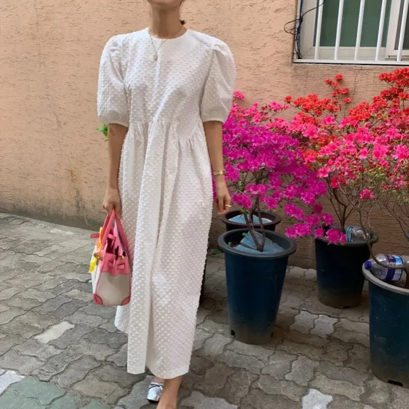 

Spring Casual Long Dress Women Fashion O-neck Puff-Sleeve Dots Female Ladies Dresses Korean Style Loose Vestidos Femme 13720