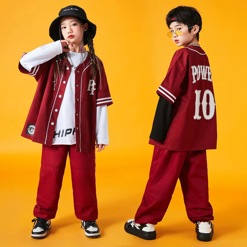 Red Series Hip Hop Dance Costume For Kids Jazz Performance Girls Kpop Boys Street Dance Drum Stage Wear