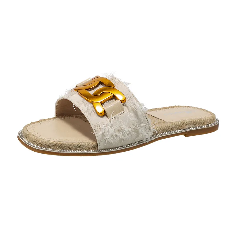 

Plus Size 42 43 Women Flat Sandals Slip on Metal Chain Hemp Sole Fisherman Slippers Leisure Outdoor Lady Shoes Causal Slides