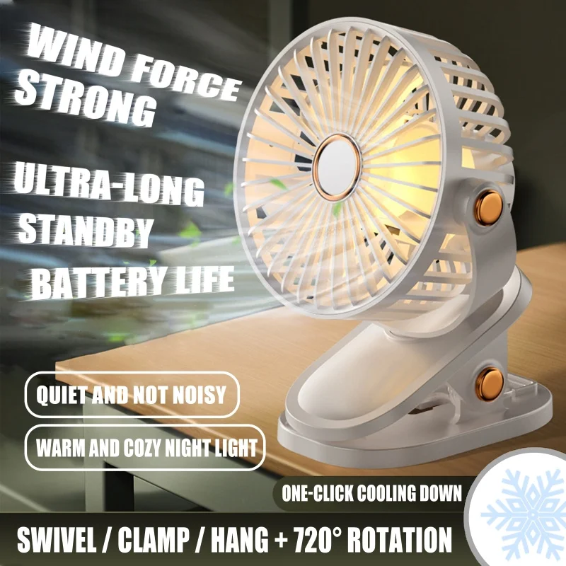 USB Desk Fan with Night Light, 3-Speed Adjustable, Portable Clip-On or Tabletop Stand