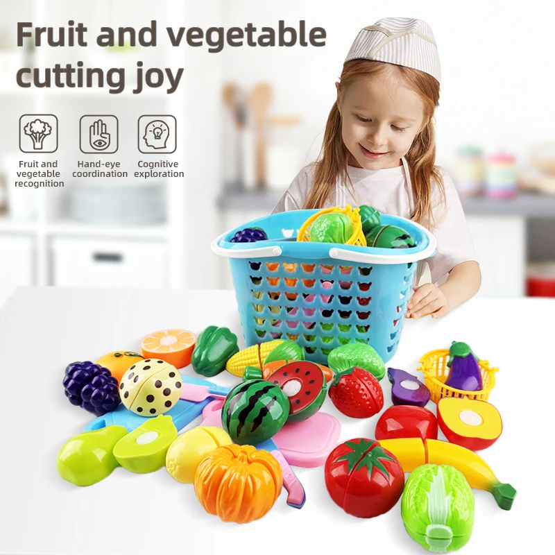 12-23pcs Kitchen Fun Cutting Fruits and Vegetables Food Play House Set with Bucket Puzzle Education Toys For Boys Girls Gifts