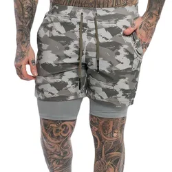 Men's Double Layer Sports Shorts Camo Printed Fitness Training Running Outdoor Casual Stretch Shorts